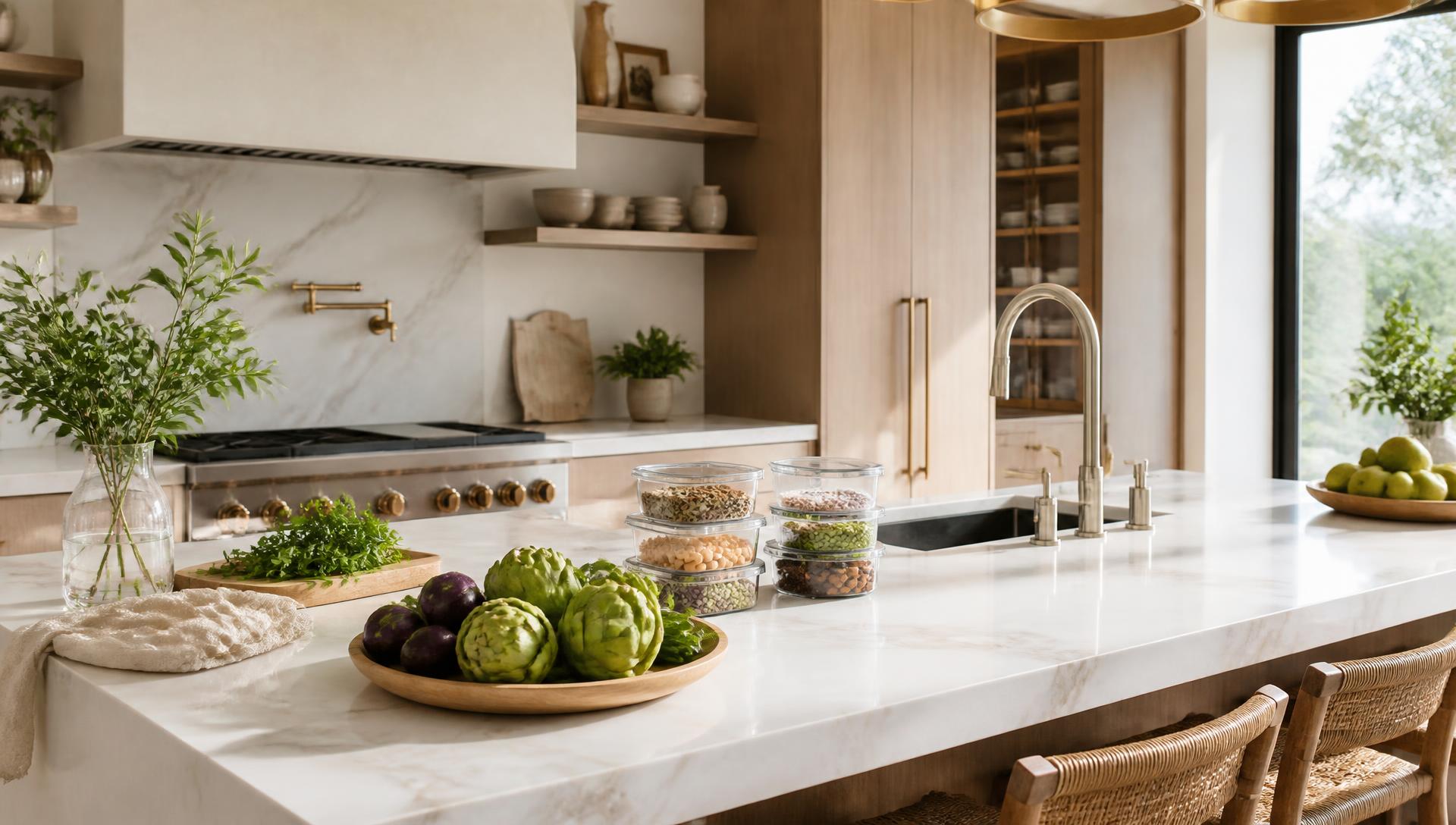 Bright modern kitchen with Alterase storage containers on a marble counter